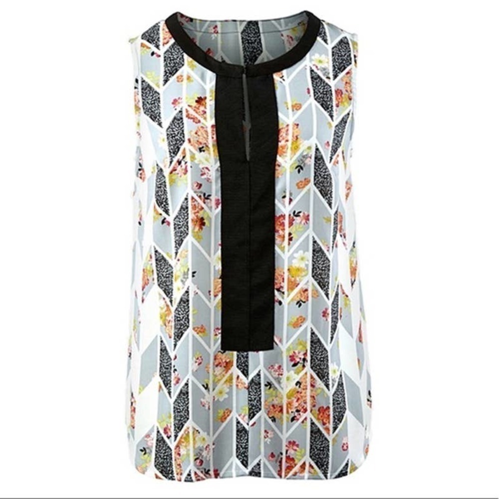 Cabi Blouse Size S Round Neck Sleeveless Floral Grosgrain Tank Top Blue White